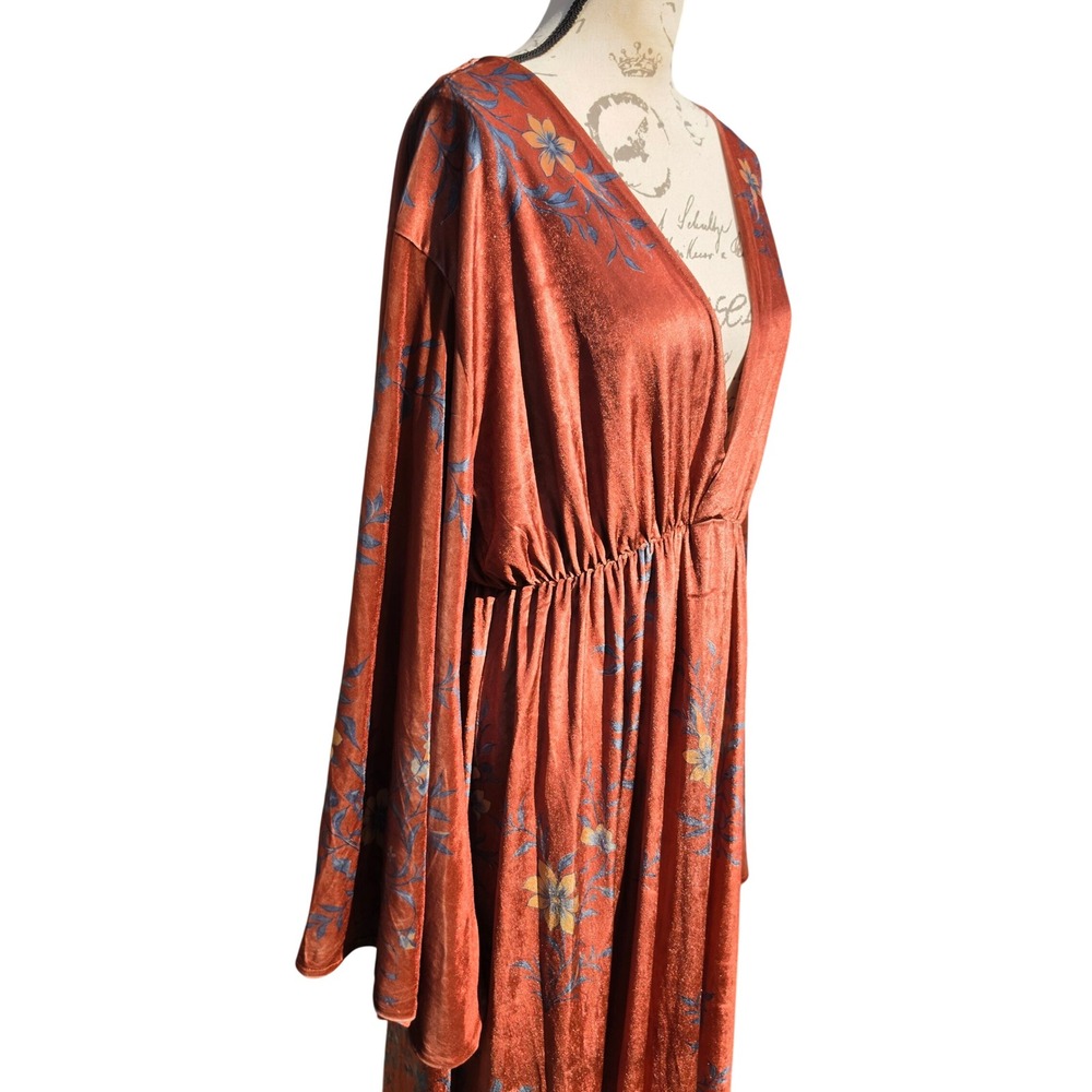 Bonne Journee Rust Velvet Floral Maxi Dress Boho Bell Sleeve V-Neck Size 2 M / L - Picture 4 of 9